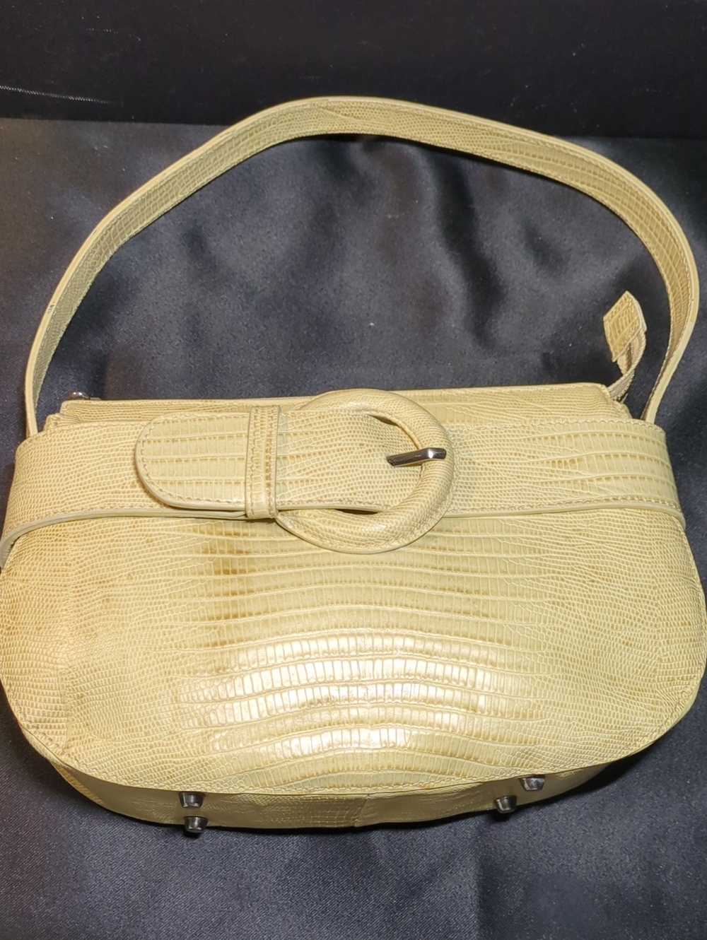 Vintage Furla Beige Lizard Embossed Leather Shoulder Bag with Buckle Accent $55